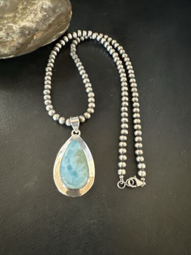 Navajo Blue Larimar Pendant Necklace | Sterling Silver Beads | Authentic Native American Handmade | 17565
