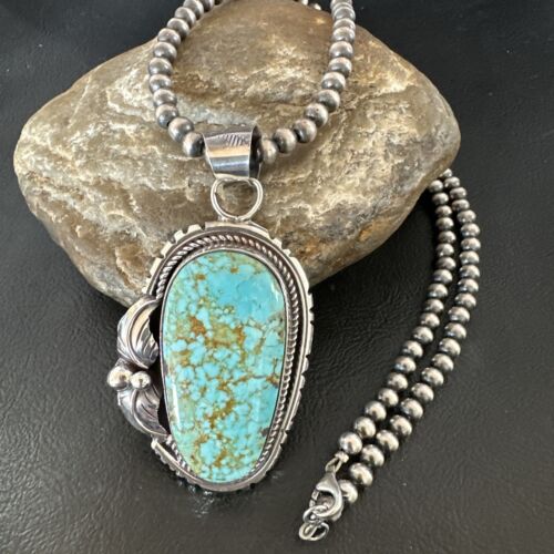 Navajo Blue Turquoise #8 Pendant Necklace | Sterling Silver Pearls | Authentic Native American Handmade | 15905