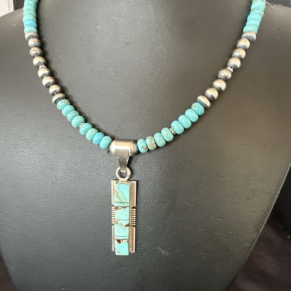 Men's & Women's Turquoise #8 Inlay Pendant Necklace | Navajo Sterling Silver | Authentic Native American Handmade | 17056