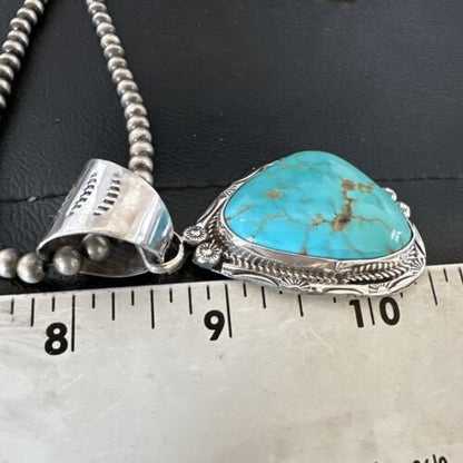 Navajo Blue Kingman Turquoise Necklace Pendant | Sterling Silver | Authentic Native American Handmade | 17476