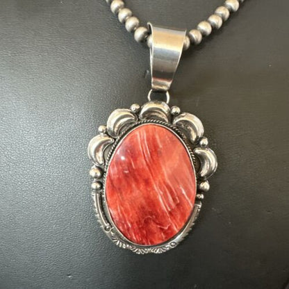 Navajo Red Spiny Oyster Pendant Necklace | Sterling Silver | Authentic Native American Handmade | 17560