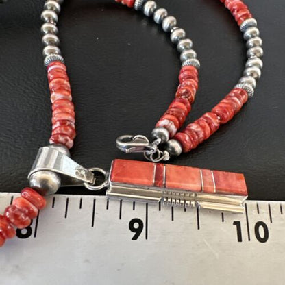 Navajo Red Spiny Oyster Pendant Necklace | Sterling Silver Inlay | Authentic Native American Handmade | 16884