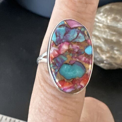 Navajo Turquoise Spiny Oyster Ring | Sterling Silver | Sz 8 | Authentic Native American Handmade | 16610