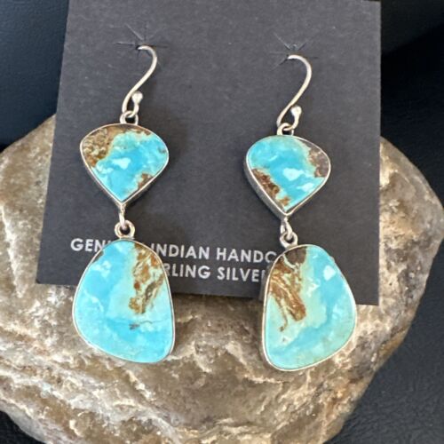 Navajo Blue Kingman Turquoise Dangle Earrings | Sterling Silver | Authentic Native American Handmade | 15113