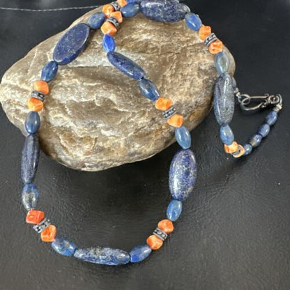 Men's Lapis Lazuli & Spiny Oyster Necklace | Navajo Sterling Silver | 18" | Authentic Native American | 15266