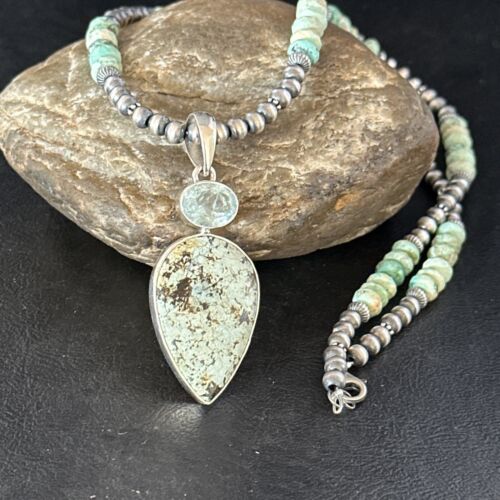 Navajo Green Turquoise Pendant Necklace | Sterling Silver | 21" | Authentic Native American Handmade | 14473