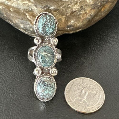 Navajo Blue Spiderweb Turquoise Multi-Stone Ring | Authentic Native American Sterling Silver | Sz 9 | 16707