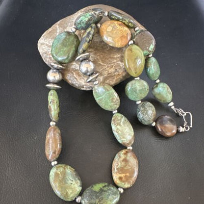 Navajo Green Turquoise Chunky Necklace | Sterling Silver | Graduated | Authentic Native American | 23" | 15202