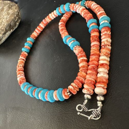 Women's Turquoise Spiny Oyster Necklace | Navajo Pearl Sterling Silver | Authentic Native American Handmade | 22" | 15057