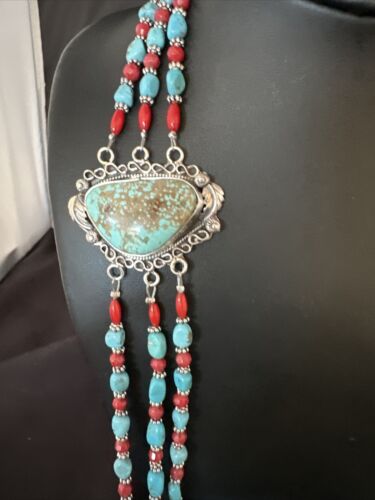 Navajo Blue Turquoise 3-Strand Coral Pendant Necklace | Sterling Silver | Authentic Native American Handmade | 15516