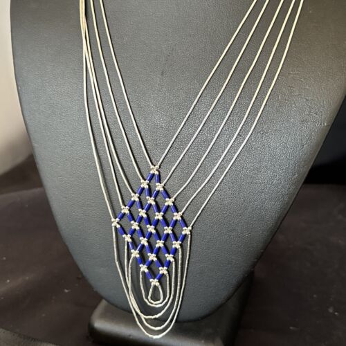 Crisscross Blue Lapis Heishi Necklace | 5 Strand Liquid Sterling Silver | 22" | 15882