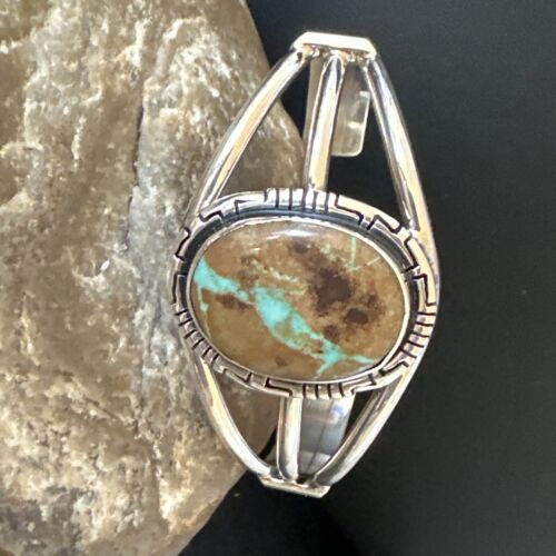 Navajo Green Boulder Turquoise Cuff Bracelet | Sterling Silver | Authentic Native American Handmade | 16244