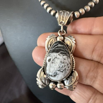 Navajo White Buffalo Turquoise Pendant Necklace | Sterling Silver | Authentic Native American Handmade | 17521