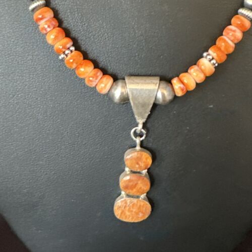 Navajo Orange Spiny Oyster Pendant Necklace | Sterling Silver | Multi-Stone | Authentic Native American Handmade | 15254
