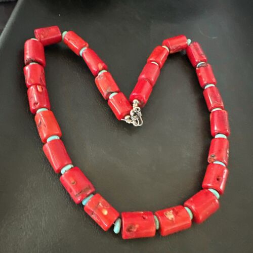 Navajo Red Coral Turquoise Bead Necklace | Sterling Silver | 20" | Authentic Native American Handmade | 16816