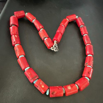 Navajo Red Coral Turquoise Bead Necklace | Sterling Silver | 20" | Authentic Native American Handmade | 16816
