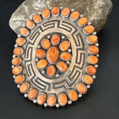 Navajo Orange Spiny Oyster Cluster Concho Belt Buckle | Sterling Silver | Authentic Native American Handmade | 16344