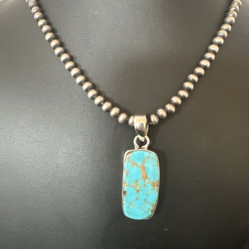 Navajo Blue Kingman Turquoise Pendant Necklace | Sterling Silver | 20" | Authentic Native American Handmade | 16700