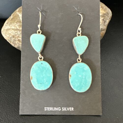 Navajo Blue Kingman Turquoise Dangle Earrings | Sterling Silver | Authentic Native American Handmade | 15107