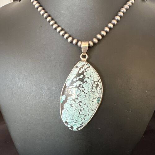 Men's Navajo Blue Spiderweb Turquoise Pendant Necklace | Sterling Silver | Authentic Native American Handmade | 16231