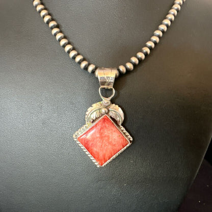 Navajo Red Spiny Oyster Pendant Necklace | Sterling Silver | Authentic Native American Handmade | 16144