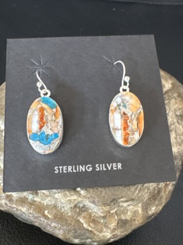 Navajo Blue Turquoise & Orange Spiny Oyster Inlay Dangle Earrings | Sterling Silver | 15587