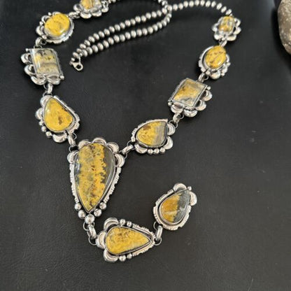 Navajo Yellow Bumblebee Jasper Lariat Necklace | Authentic Native American Sterling Silver | 17202