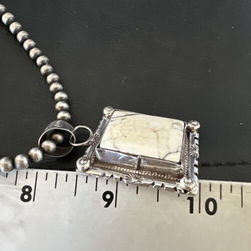 White Buffalo Turquoise Pendant | Navajo Pearls Sterling Silver Necklace | Authentic Native American Handmade | 17102
