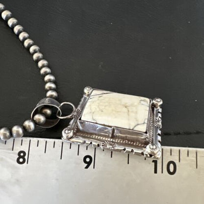 White Buffalo Turquoise Pendant | Navajo Pearls Sterling Silver Necklace | Authentic Native American Handmade | 17102