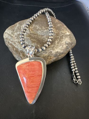 Navajo Pearls Red Spiny Oyster Necklace Pendant | Sterling Silver | Authentic Native American Handmade | 15002