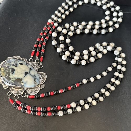 Navajo White Buffalo Turquoise and Coral Pendant Necklace | Sterling Silver | Authentic Native American Handmade | 15495