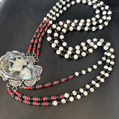 Navajo White Buffalo Turquoise and Coral Pendant Necklace | Sterling Silver | Authentic Native American Handmade | 15495
