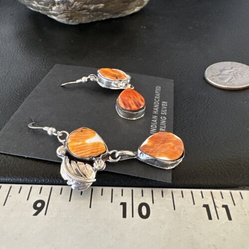 Navajo Orange Spiny Oyster Dangle Earrings | Sterling Silver | 1.5" | Authentic Native American Handmade | 16568