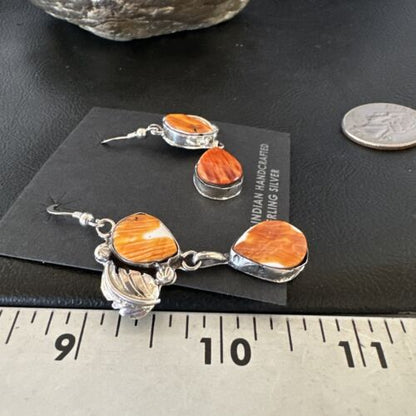 Navajo Orange Spiny Oyster Dangle Earrings | Sterling Silver | 1.5" | Authentic Native American Handmade | 16568