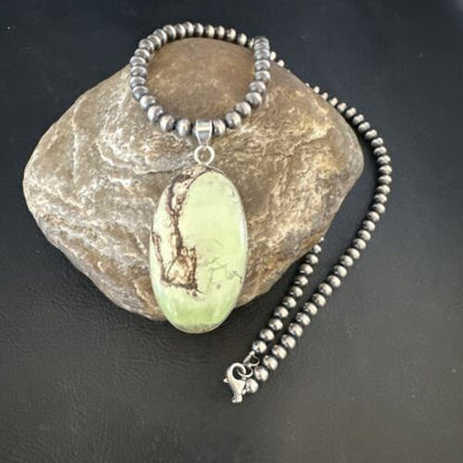 Navajo Green Gaspeite Pendant Necklace | Sterling Silver | Authentic Native American Handmade | 15483
