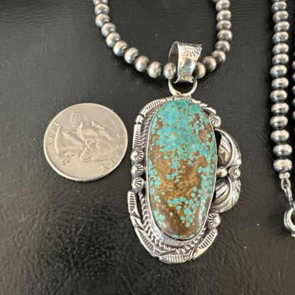 Navajo Blue Turquoise #8 Pendant | Sterling Silver Necklace with Pearls | Authentic Native American Handmade | 15903