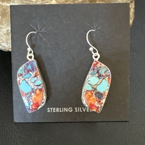 Navajo Blue Turquoise Red Spiny Oyster Inlay Dangle Earrings | Sterling Silver | 15579