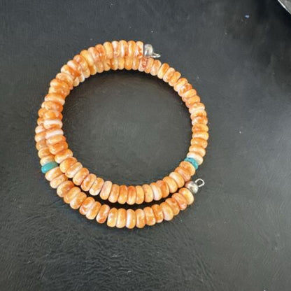 Navajo Orange Spiny Oyster Blue Turquoise Bracelet | 6mm Memory Wire Steel | Authentic Native American Handmade | 17621