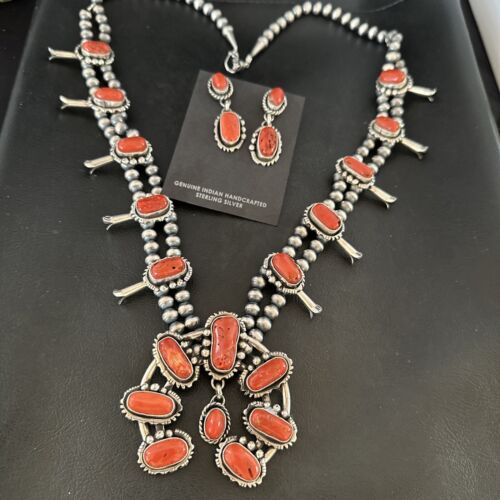 Navajo Red Coral Naja Pendant | Sterling Silver Squash Blossom Necklace & Earrings | 17047