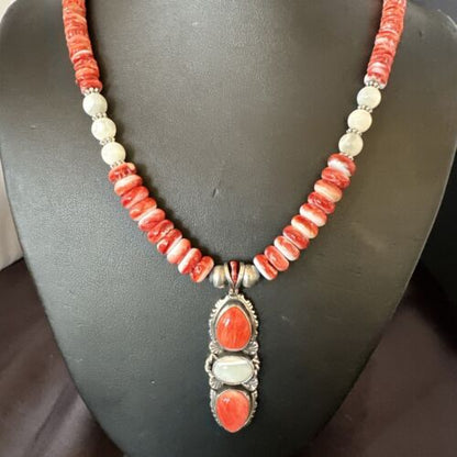 Navajo Red Spiny Oyster Mother of Pearl Pendant Necklace | Sterling Silver | Native American Handmade | 17658