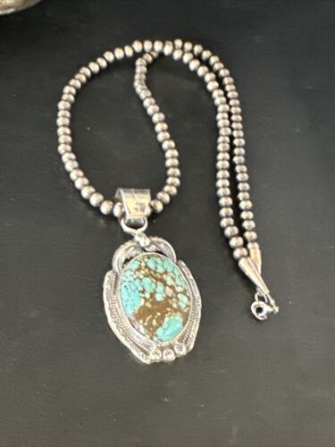 Navajo Pearls Sterling Silver Necklace with Blue Turquoise #8 Pendant | Authentic Native American Handmade | 14859