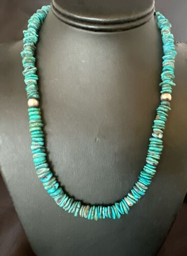 Navajo Blue Turquoise Bead Necklace | Sterling Silver | Graduated |  8mm | Authentic Native American | 19" | 17582