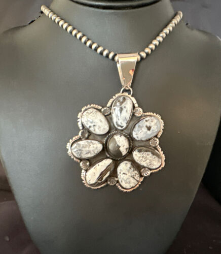 XL Cluster Navajo White Buffalo Turquoise Sterling Necklace Pendant | Multi-Stone | 14897
