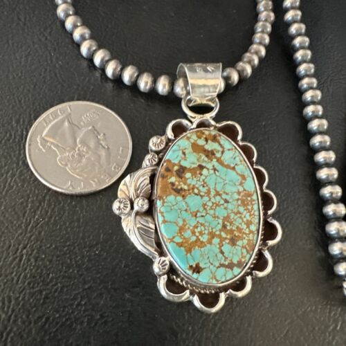 Navajo Blue #8 Turquoise Pendant Necklace | Sterling Silver Pearls | Authentic Native American Handmade | 15508