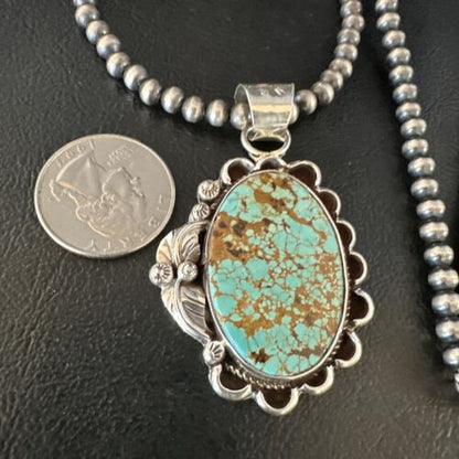 Navajo Blue #8 Turquoise Pendant Necklace | Sterling Silver Pearls | Authentic Native American Handmade | 15508