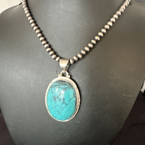 Men's Navajo Blue Spiderweb Turquoise Pendant Necklace | Sterling Silver | Authentic Native American Handmade | 16197