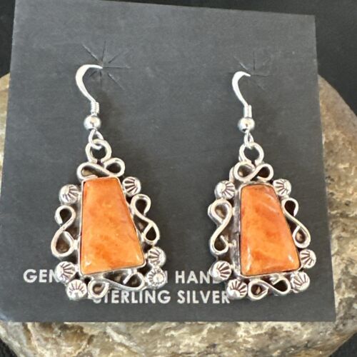 Navajo Orange Spiny Oyster Dangle Earrings | Sterling Silver | Authentic Native American Handmade | 17266