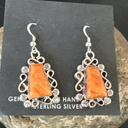 Navajo Orange Spiny Oyster Dangle Earrings | Sterling Silver | Authentic Native American Handmade | 17266