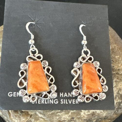 Navajo Orange Spiny Oyster Dangle Earrings | Sterling Silver | Authentic Native American Handmade | 17266