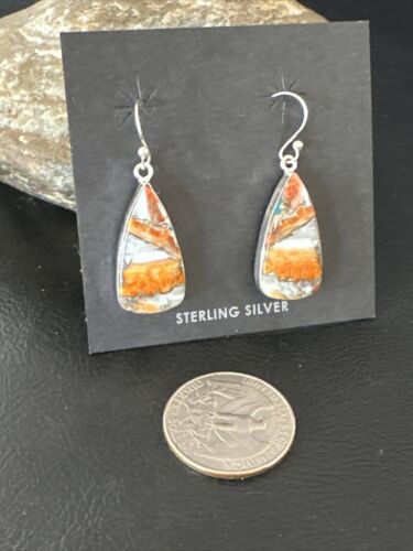 Navajo Blue Turquoise & Orange Spiny Oyster Inlay Dangle Earrings | Sterling Silver | 15583